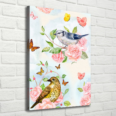 Verticaal schilderij op canvas Vogels, vlinders, rozen