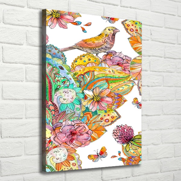 Verticaal canvasschilderij Vogels, vlinders, bloemen