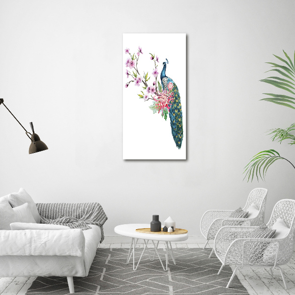 Verticale foto op canvas Pauw en bloemen