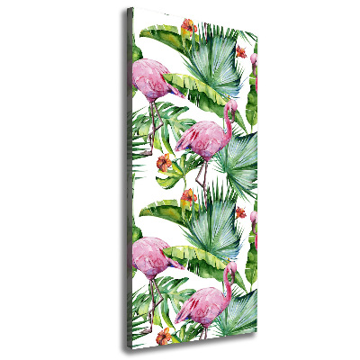 Verticaal canvasschilderij Bladeren en flamingo's