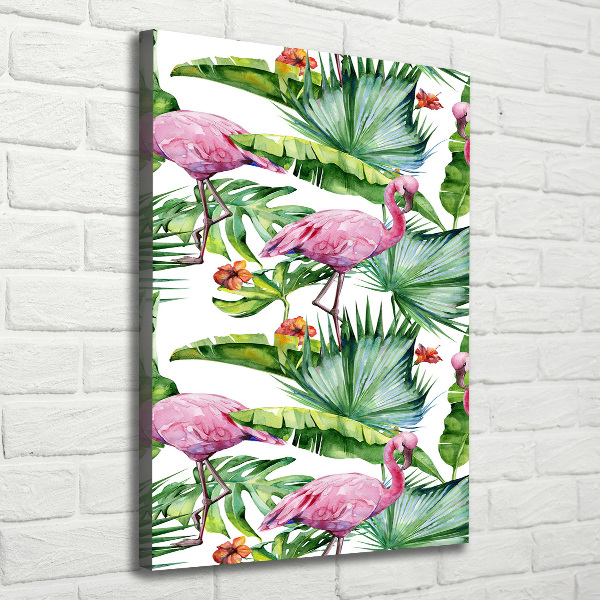 Verticaal canvasschilderij Bladeren en flamingo's