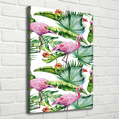 Verticaal canvasschilderij Bladeren en flamingo's
