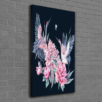Verticaal schilderij op canvas Kraanvogels en pioenrozen