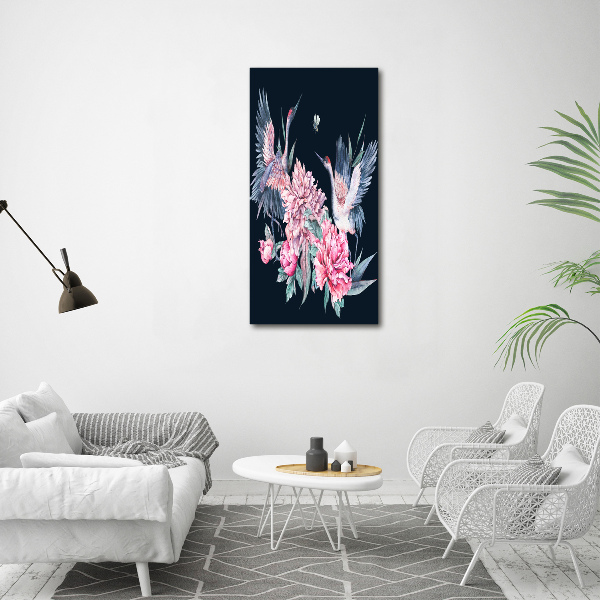 Verticaal schilderij op canvas Kraanvogels en pioenrozen