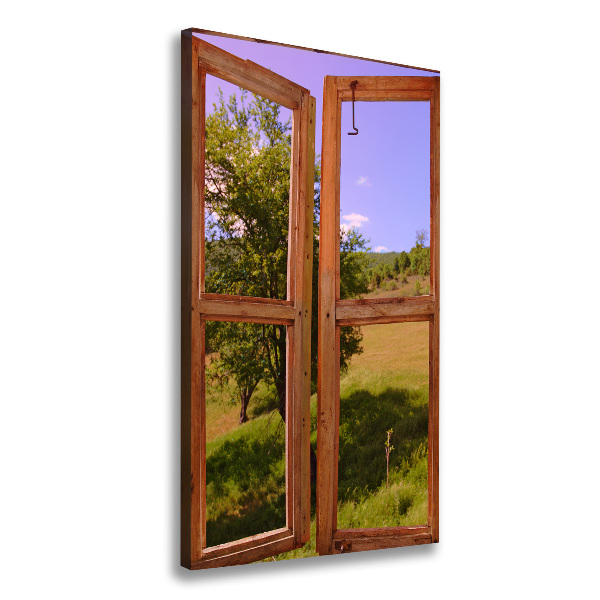 Verticaal schilderij op canvas Het landschap buiten het raam.