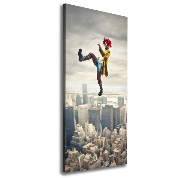 Verticaal canvasschilderij Clown op een strakkoord