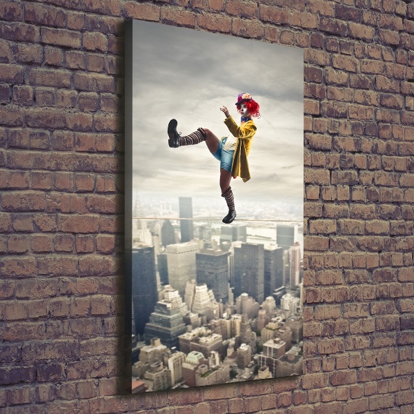 Verticaal canvasschilderij Clown op een strakkoord