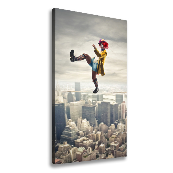 Verticaal canvasschilderij Clown op een strakkoord