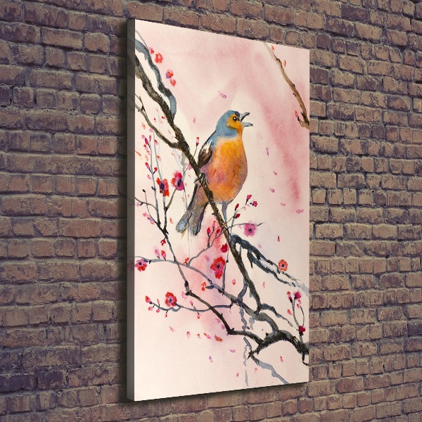 Verticaal canvasschilderij Een vogel op een tak