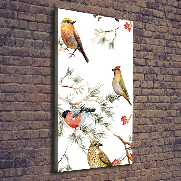 Verticaal canvasschilderij Vogels en naaldbomen