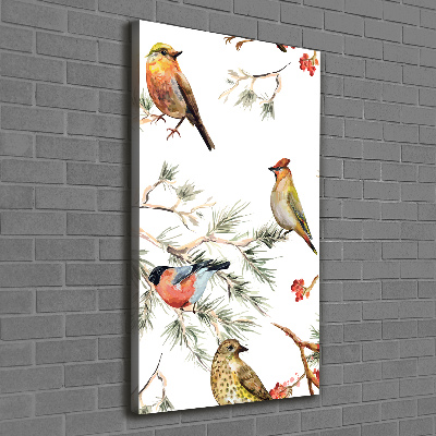 Verticaal canvasschilderij Vogels en naaldbomen