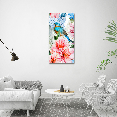 Verticale foto op canvas Bloemen en vogels