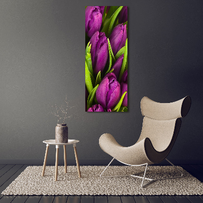 Verticaal schilderij op canvas Paarse tulpen