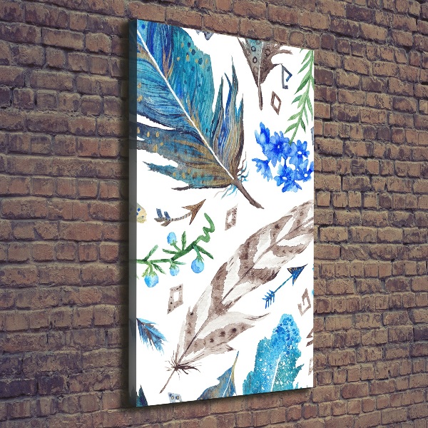 Verticaal schilderij op canvas Veren en bloemen