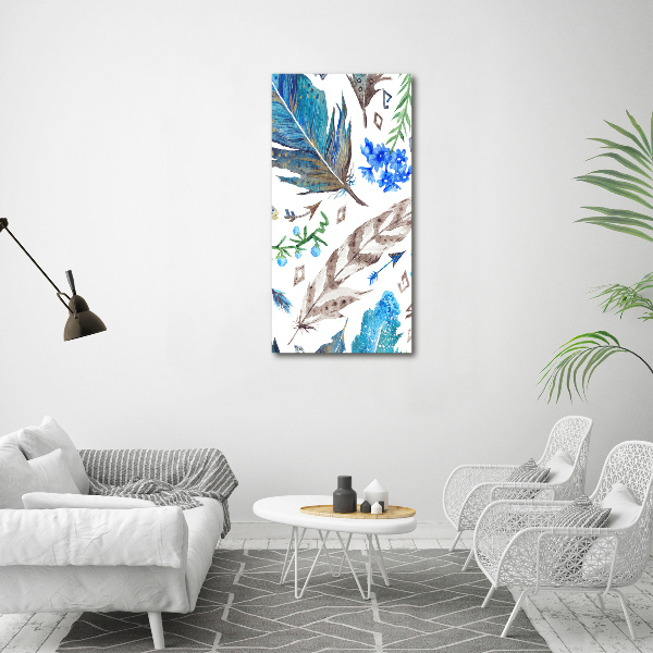 Verticaal schilderij op canvas Veren en bloemen