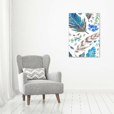 Verticaal schilderij op canvas Veren en bloemen