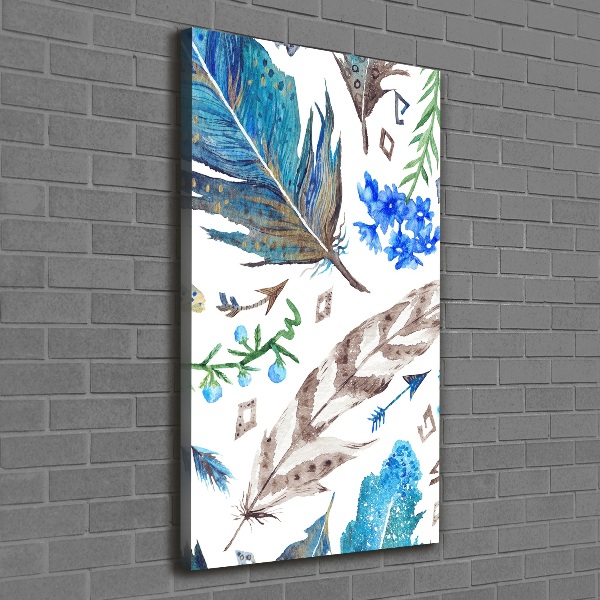 Verticaal schilderij op canvas Veren en bloemen