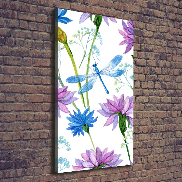 Verticaal canvasschilderij Bloemen en libellen