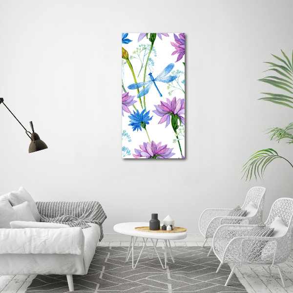 Verticaal canvasschilderij Bloemen en libellen