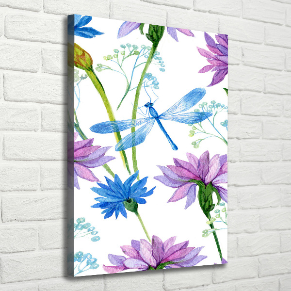 Verticaal canvasschilderij Bloemen en libellen