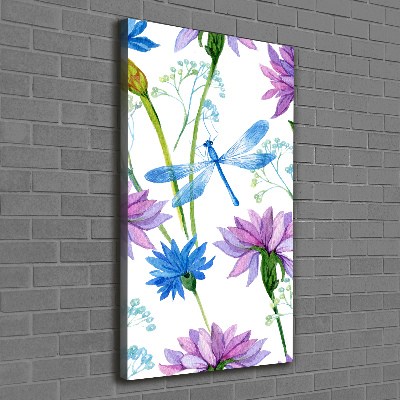 Verticaal canvasschilderij Bloemen en libellen
