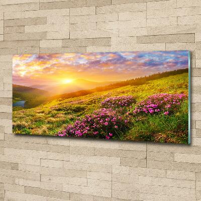 Schilderij glas Zonsondergang boven de bergen