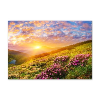 Schilderij glas Zonsondergang boven de bergen