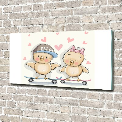 Schilderij glas Vogels op een skateboard