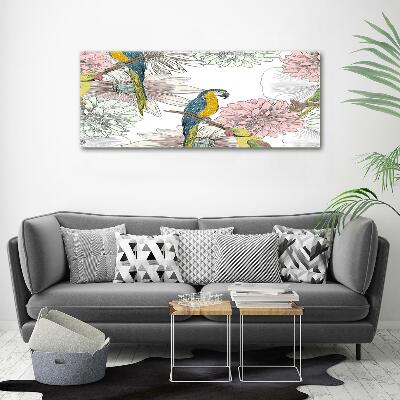 Schilderij glas Papegaaien en bloemen