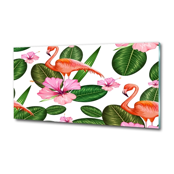 Glazen schilderij Flamingo's en planten