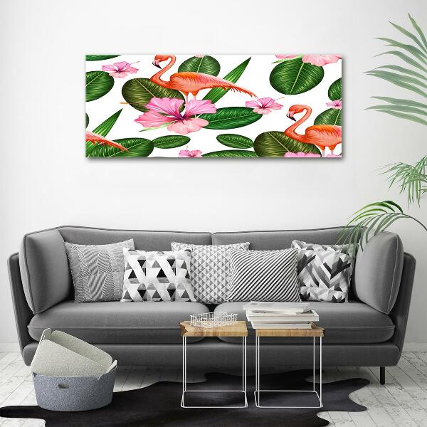 Glazen schilderij Flamingo's en planten