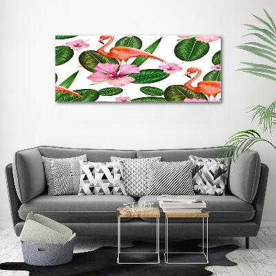 Glazen schilderij Flamingo's en planten