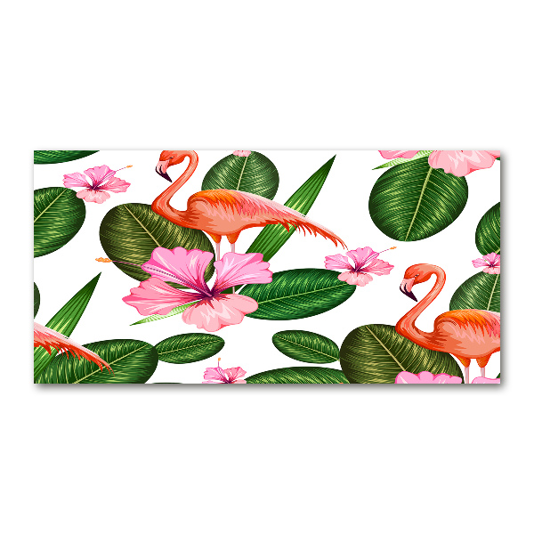 Glazen schilderij Flamingo's en planten