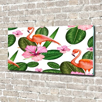 Glazen schilderij Flamingo's en planten