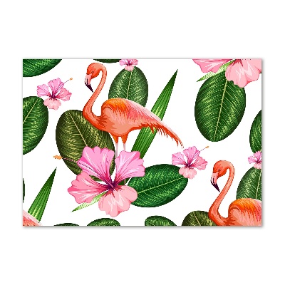 Glazen schilderij Flamingo's en planten