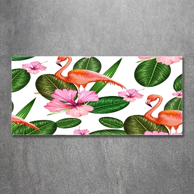 Glazen schilderij Flamingo's en planten