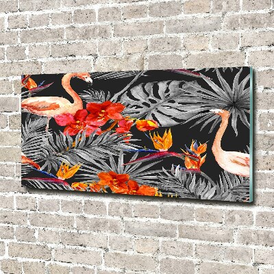 Glazen schilderij Flamingo's en bloemen
