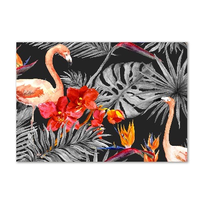 Glazen schilderij Flamingo's en bloemen