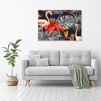 Glazen schilderij Flamingo's en bloemen