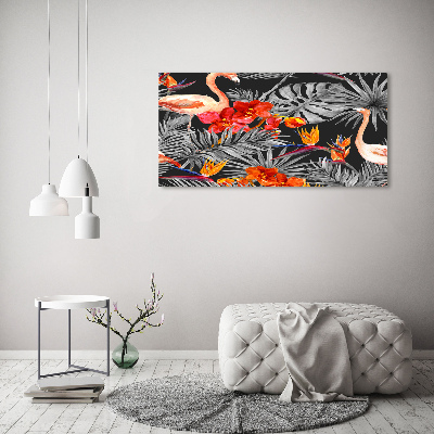 Glazen schilderij Flamingo's en bloemen