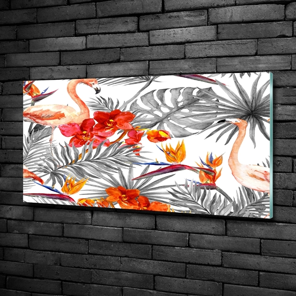 Foto schilderij op glas Flamingo's en bloemen