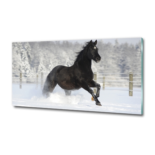 Schilderij glas Een paard dat galoppeert in de sneeuw