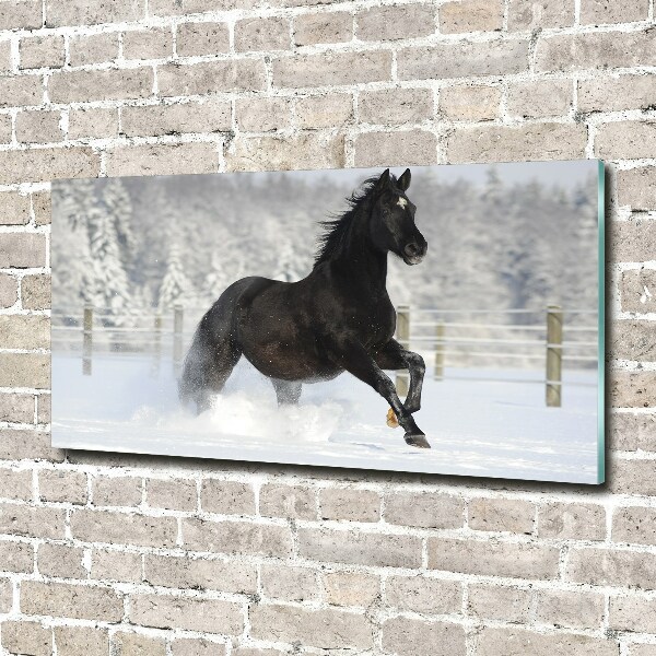 Schilderij glas Een paard dat galoppeert in de sneeuw