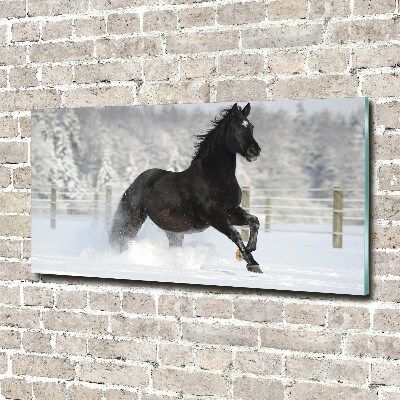 Schilderij glas Een paard dat galoppeert in de sneeuw