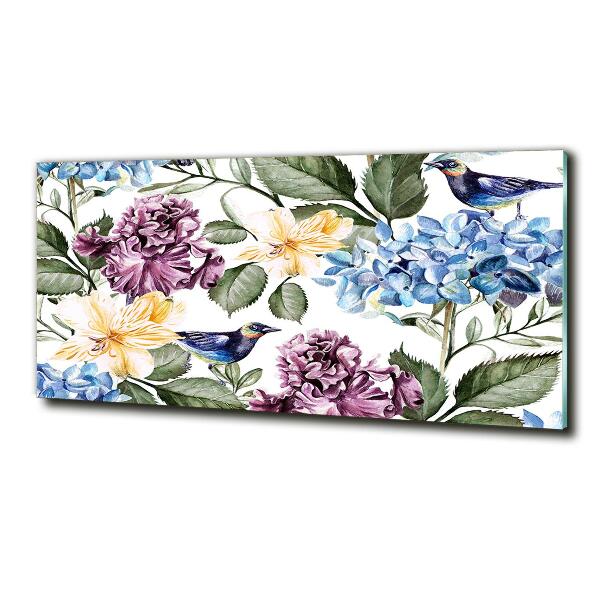 Schilderij glas Bloemen en vogels