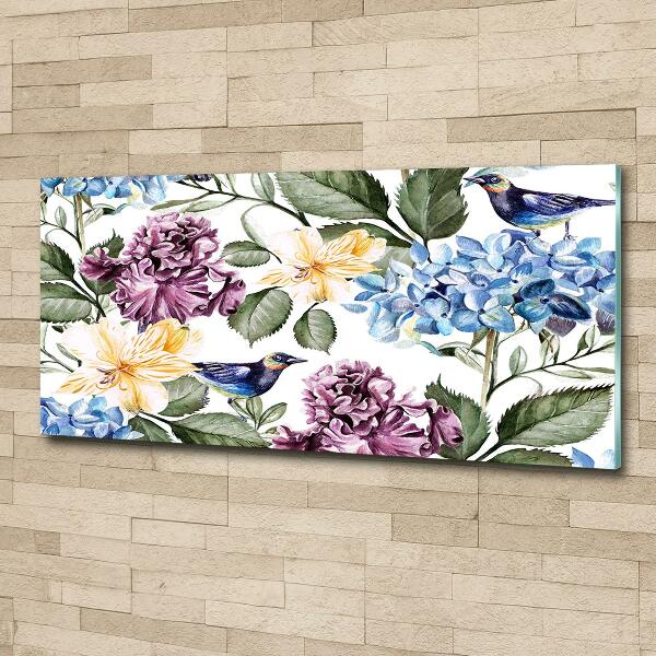 Schilderij glas Bloemen en vogels