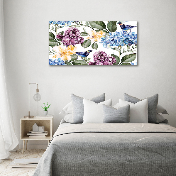 Schilderij glas Bloemen en vogels