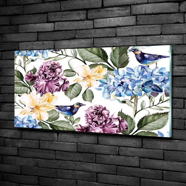 Schilderij glas Bloemen en vogels