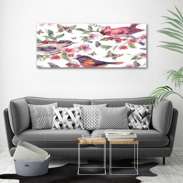 Glazen schilderij Vogels, vlinders, kersen