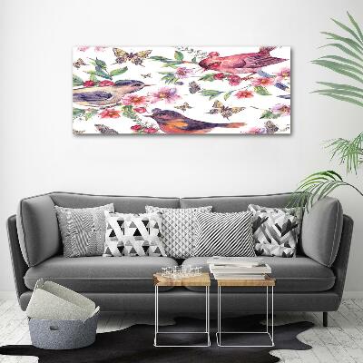 Glazen schilderij Vogels, vlinders, kersen